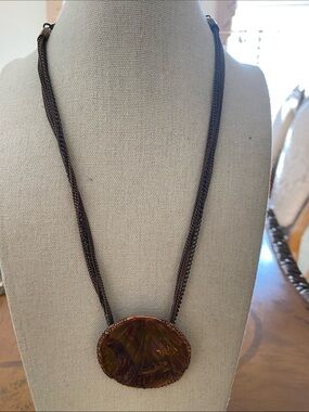 Chico's Brown Multi-Strand Chain Necklace with Brown Resin Pendant